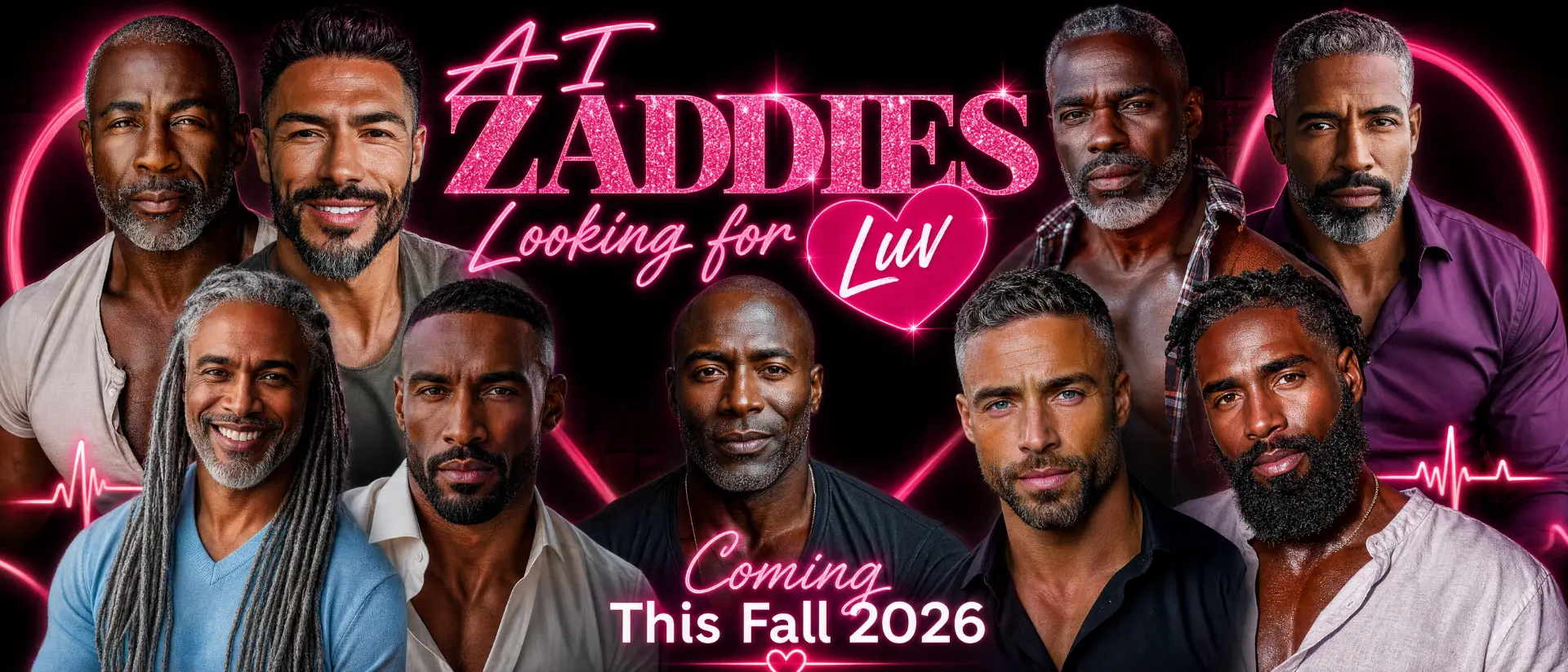 AI Zaddies Looking for Luv™ key art with the nine cast members, coming Fall 2026